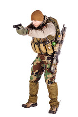 private military contractor aiming with black pistol.