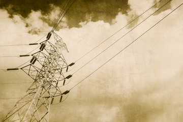 High voltage electricity power line vintage color tone with old grunge texture effect