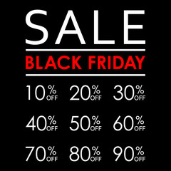 Black Friday sale banner. 10,20,30,40,50,60,70,80,90 percent price off sale. Vector illustration.