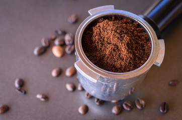 Roasted Ground Coffee in Espresso Machine Equipment