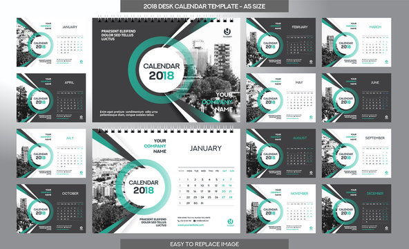 Desk Calendar 2018 template - 12 months included - A5 Size 