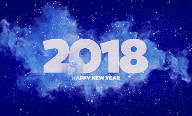 Happy 2018 Text New Year. Creative Holiday Concept. Smoke from Firework on a background. 2018 Happy New Year.