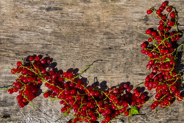 Red currant berries on rustic wooden background. Top view with copy space