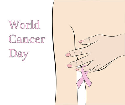 the woman covers her breast with her hand. a symbol of the fight against cancer. World Cancer Day. vector illustration.