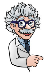 Scientist Cartoon Character Pointing Sign - obrazy, fototapety, plakaty