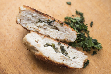 Fried chops with cheese filling close-up