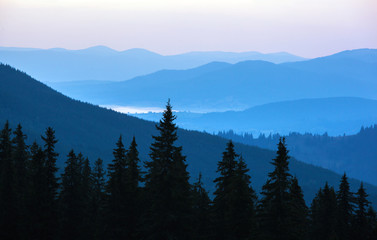 Beautiful hills at sunrise in the Carpathian mountains.