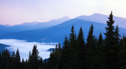 Beautiful hills at sunrise in the Carpathian mountains.