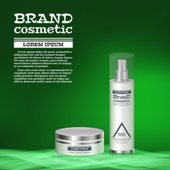 3D realistic cosmetic bottle ads template. Cosmetic brand advertising concept design with abstract glowing waves