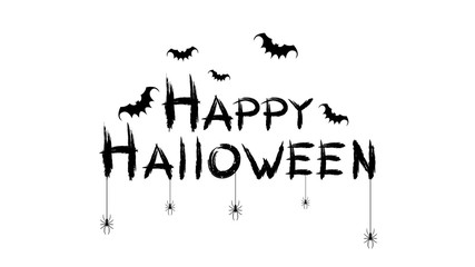 Happy halloween. Black text banner on a white background. Spiders, bats and spiderweb. Grunge text. Vector