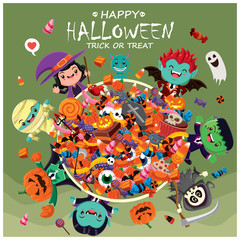 Naklejka premium Vintage Halloween poster design with vector witch, ghost, vampire, mummy, reaper, cat characters. 