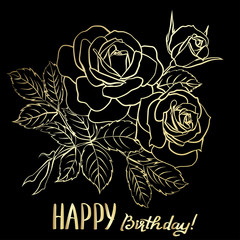 Happy Birthday lettering and rose on black background
