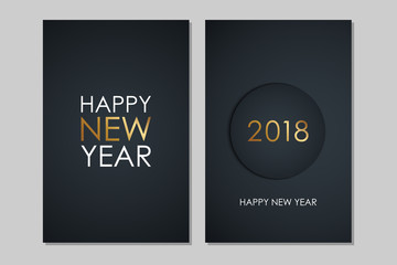 2018 Happy New Year greeting cards with golden colored elements and black background. Vector illustration.