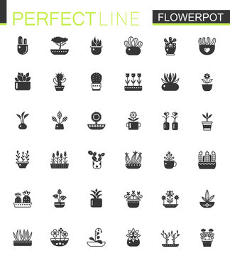 Black classic House plants and flowers in Flowerpots icons set.