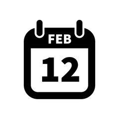 Simple black calendar icon with 12 february date isolated on white