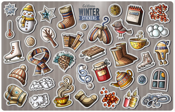 Set of Winter season cartoon stickers