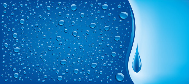 many water drops on blue background with place for text 