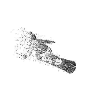 Particle silhouette of a snowboarder isolated on a white background. Man is moving over snow downhill. Male character is standing on a snowboard.