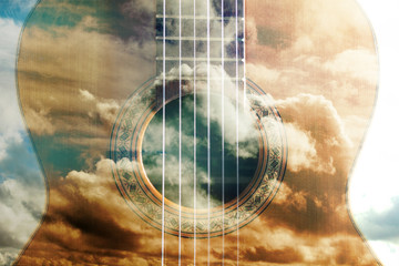 Acoustic guitar composition.Double exposure.Music concept