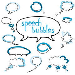 Vector hand drawn set of comic speech bubbles. Isolated. Black outlines. Collection of cartoon speech and thought communication bubbles in doodle style. Blank empty speech bubbles. Colorful.