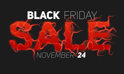 Vector Black Friday Sale text with red fire flames background. Wavy threads from red letters. Hot Black friday sale illustration for flyers, cards, promo materials etc. Thin curly flames. eps10
