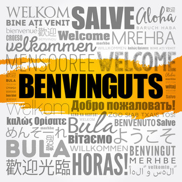 Benvinguts (Welcome in Catalan) word cloud in different languages, conceptual background