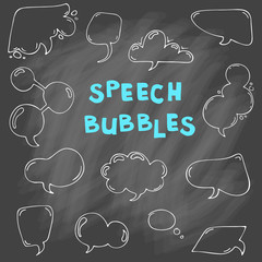 Vector set of speech bubbles. Isolated. outline. hand drawn. Collection of cartoon speech and thought communication bubbles. doodle. Blank empty speech bubbles. On chalk background