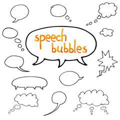 Vector hand drawn set of comic speech bubbles. Isolated. Black outlines. Collection of cartoon speech and thought communication bubbles in doodle style. Blank empty speech bubbles. Colorful.