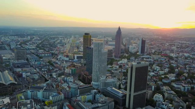 aerial view of business area in Frankfurt city with skyscrapers