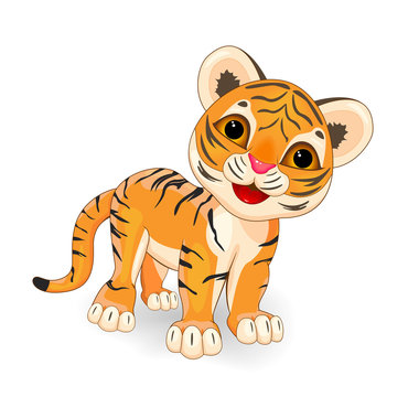 Cute  tiger.Cartoon little tiger cub on a white background.  
