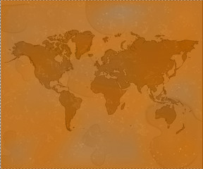 Brown world map. Grunge old map background. Textured vector illustration.