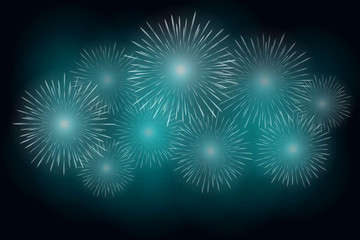 White fireworks effect on blue background. Festive firework cracker in night sky. Vector illustration.