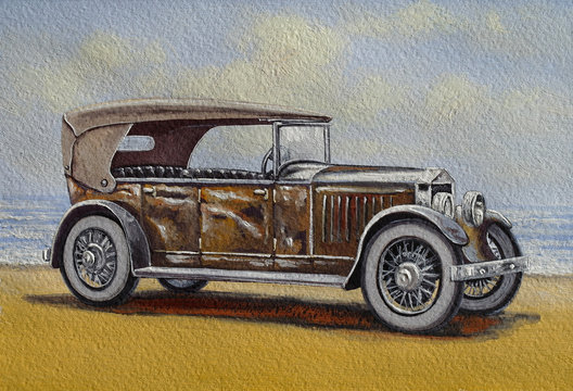 Retro car, auto, oil paintings, art