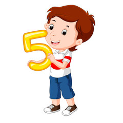 cute child holding balloon with number five
