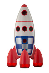 Red blue and white toy plastic childs rocket isolated on white