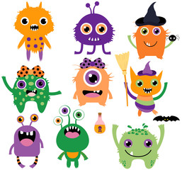 Cute, funny and silly vector monsters for Halloween in purple, green and orange colors