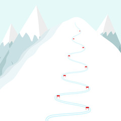 Cartoon ski track on snow mountain. Skiing trace with flags. Flat vector illustration.