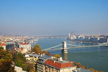 Fototapeta na wymiar Panorama of Budapest. View of the building of the Parliament of Hungary. The Danube River.