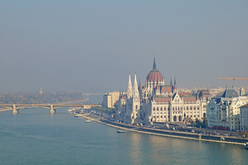 Fototapeta premium Panorama of Budapest. View of the building of the Parliament of Hungary. The Danube River.
