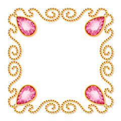 Decorative frame with golden chains and gemstones. Luxury invitation or greeting card template. Vector Illustration.