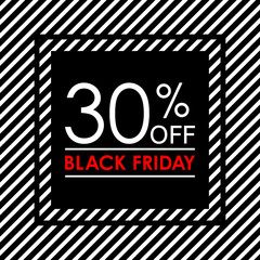 30% off. Black Friday sale and discount banner. Sales tag design template. Vector illustration.