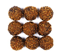 Chocolate dessert with caramel and peanut filling, set, collection isolated on white background, top view