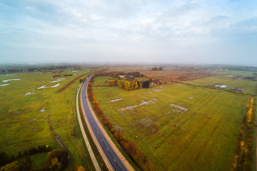 Foggy autumn morning landscape.