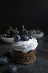 Chocolate cake with berries, blueberry and mulberry. On a black background. A dark photo.