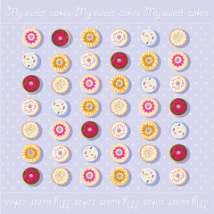 Icons Donuts. Cololr donuts. Different donuts on a background of polka dots with letters.