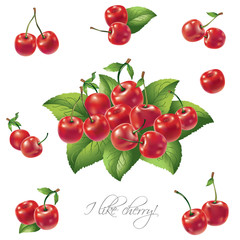 Set cherries with leaves illustration. Cherries with leaves on a white background.