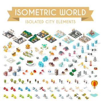 Set of Isometric High Quality City Elements on White Background