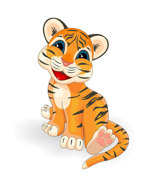 Little tiger cub. Cartoon little tiger cub on a white background.