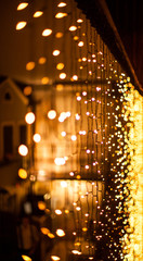 Festive dark blurred background with bokeh lights, electric garland and house