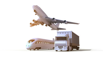 Logistics and transportation vehicle ,truck,train and plane  in freight cargo on isolate Background / 3D rendering